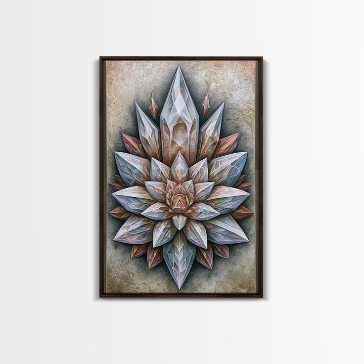 Crystal Lotus Arrangement Framed Canvas Print, Sacred Geometry Art, Boho Wall Decor, Living Room Decor, Fine Art, Geometry, SGA-2x3-28