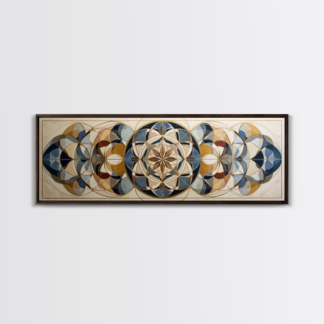 Gold Line Compass Mandala on Parchment Canvas Print, Sacred Geometry Art, Living Room Decor, Geometry, Mandala Wall Art, SGA-3x1-13