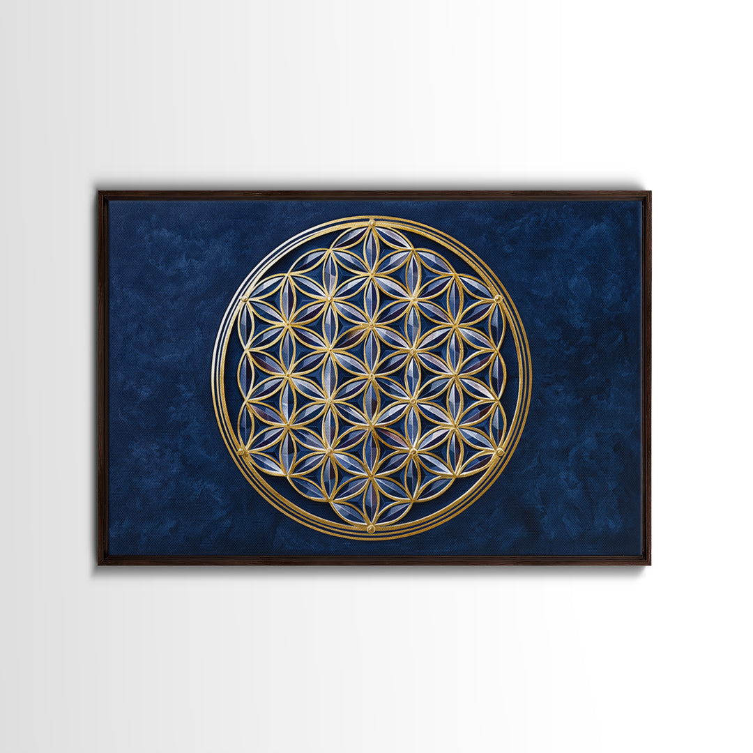 Flower of Life Pattern Framed Canvas Print, Sacred Geometry Art, Floral Prints, Living Room Decor, Oil Painting, Geometry, SGA-3x2-5