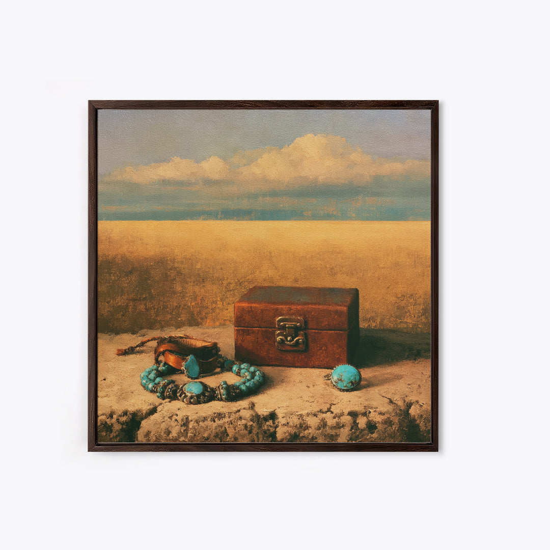 Turquoise Jewelry and Leather Still Life Framed Canvas Print, Southwestern Art, Boho Wall Art, Southwestern Decor, Mesa, SOU-1x1-11
