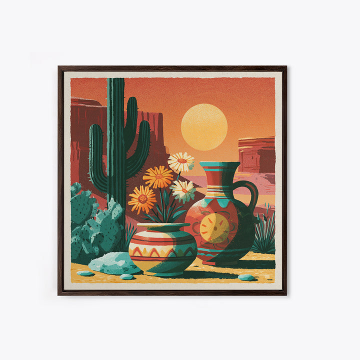 Painted Pottery and Desert Wildflowers Framed Canvas Print, Southwestern Art, Boho Decor, Southwestern Decor, Fine Art, Mesa, SOU-1x1-16