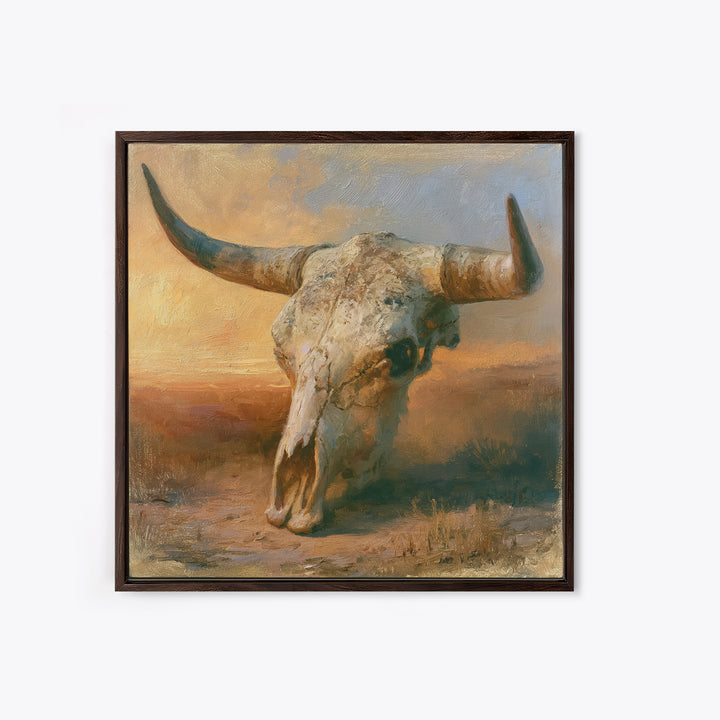 Sun Bleached Longhorn Skull Still Life Framed Canvas Print, Southwestern Art, Southwestern Decor, Abstract Art, Mesa, SOU-1x1-33