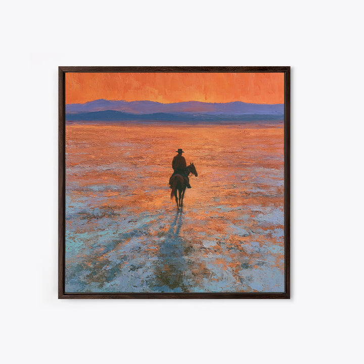 Horse Rider Crossing Desert at Dusk Framed Canvas Print, Southwestern Art, Farmhouse Wall Art, Southwestern Decor, Mesa, SOU-1x1-43