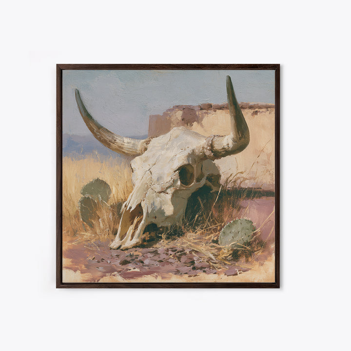 Sun Bleached Longhorn Skull Still Life Framed Canvas Print, Southwestern Art, Southwestern Decor, Abstract Art, Mesa, SOU-1x1-57