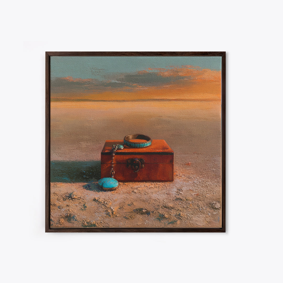 Turquoise Jewelry and Leather Still Life Canvas Print, Southwestern Art, Gallery Decor, Southwestern Decor, Fine Art, Mesa, SOU-1x1-59