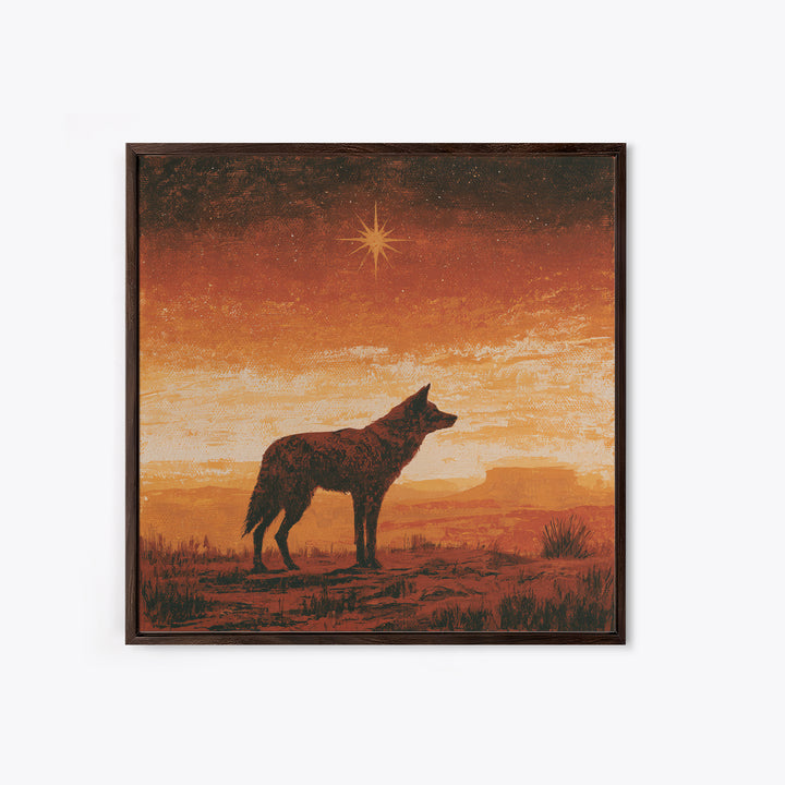 Coyote Silhouette Beneath Starry Sky Framed Canvas Print, Southwestern Art, Neutral Decor, Southwestern Decor, Fine Art, Mesa, SOU-1x1-63