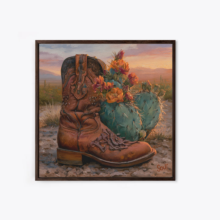 Western Boot with Cactus Blossoms Framed Canvas Print, Southwestern Art, Luxury Decor, Southwestern Decor, Fine Art, Mesa, SOU-1x1-65