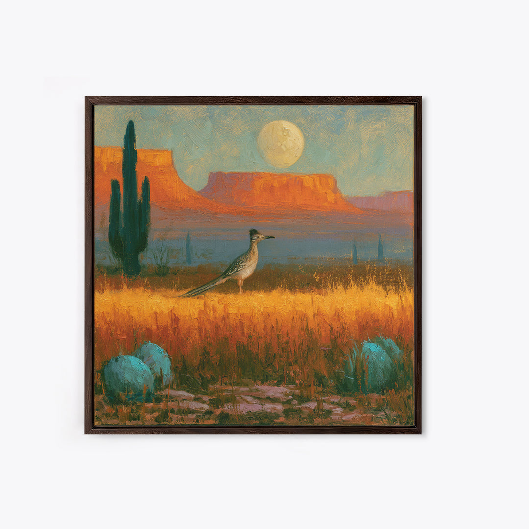 Roadrunner under a Pale Desert Moon Framed Canvas Print, Southwestern Art, Digital Wall Art, Southwestern Decor, Oil Painting, SOU-1x1-8