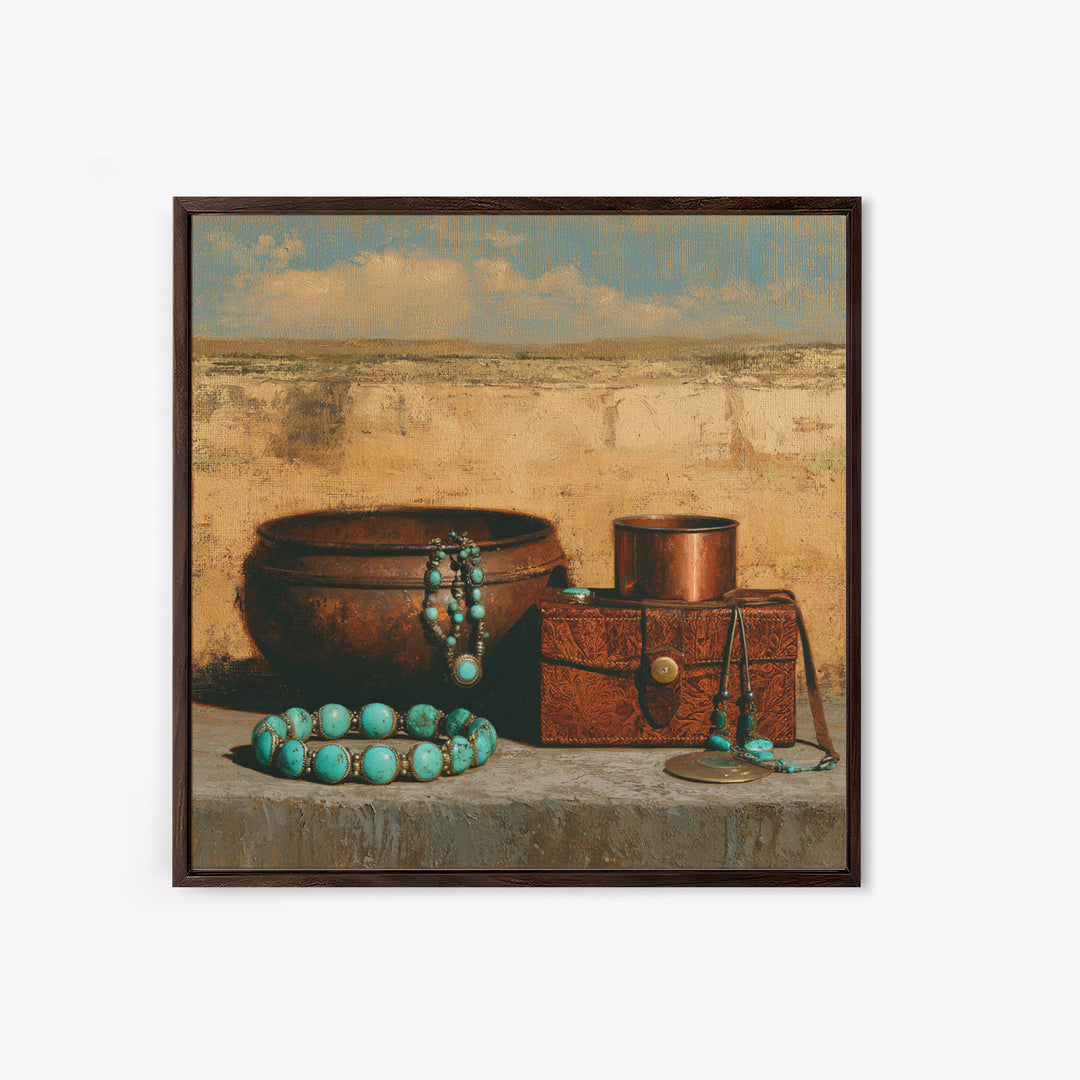 Turquoise Jewelry and Leather Still Life Framed Canvas Print, Southwestern Art, Luxury Decor, Southwestern Decor, Mesa, SOU-1x1-83