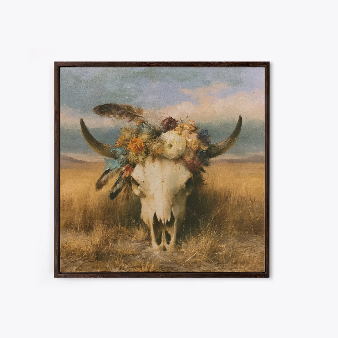 Cow Skull with Desert Flowers and Feathers Canvas Print, Southwestern Art, Wall Decor, Southwestern Decor, Oil Painting, Mesa, SOU-1x1-99