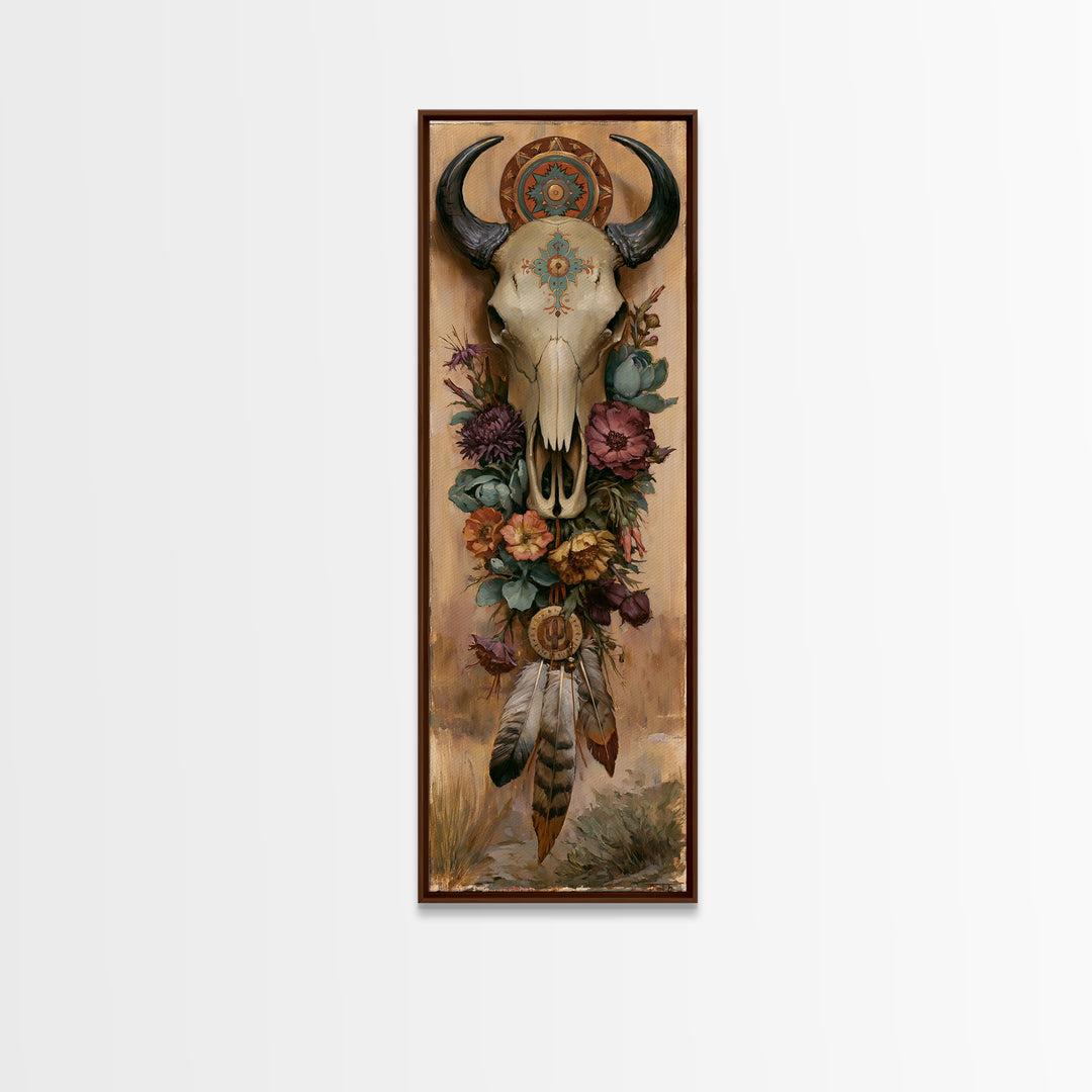 Cow Skull with Desert Flowers and Feathers Framed Canvas Print, Southwestern Art, Printable Art, Southwestern Decor, Mesa, SOU-1x3-15