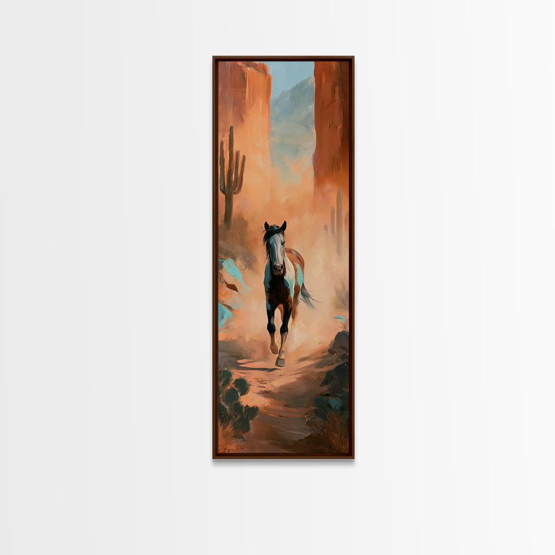 Wild Mustang Running Through Dusty Canyon Canvas Print, Southwestern Art, Neutral Decor, Southwestern Decor, Oil Painting, Mesa, SOU-1x3-18