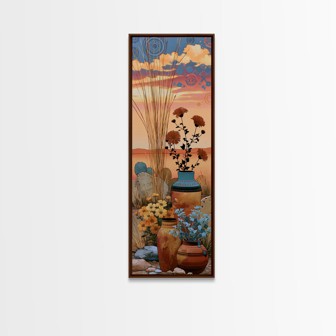 Painted Pottery and Desert Wildflowers Canvas Print, Southwestern Art, Painting, Southwestern Decor, Watercolor Art, Mesa, SOU-1x3-28