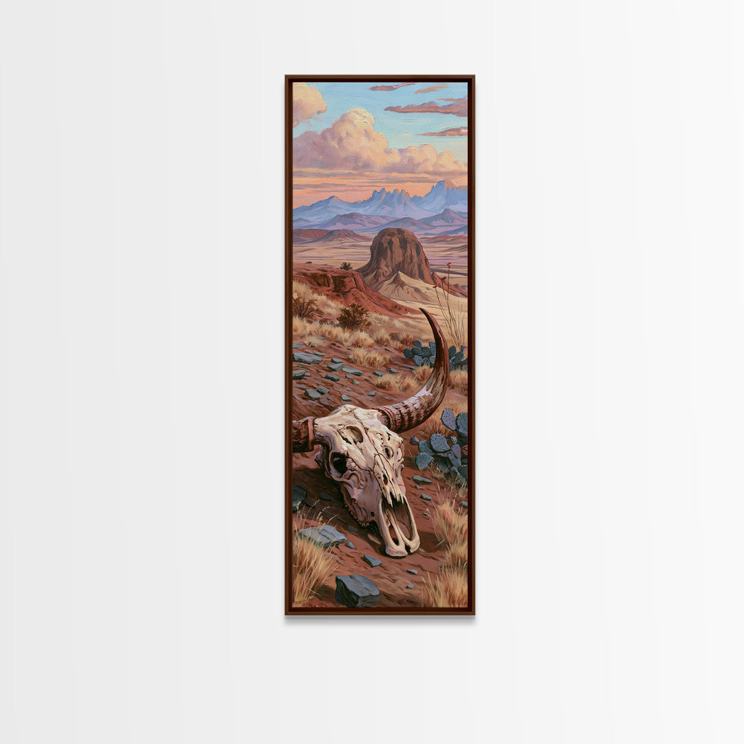 Sun Bleached Longhorn Skull Still Life Framed Canvas Print, Southwestern Art, Wall Art, Southwestern Decor, Oil Painting, Mesa, SOU-1x3-45