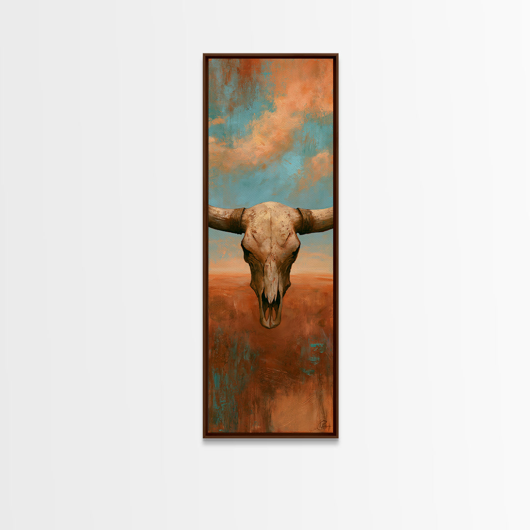 Sun Bleached Longhorn Skull Still Life Framed Canvas Print, Southwestern Art, Wall Art, Southwestern Decor, Oil Painting, Mesa, SOU-1x3-69