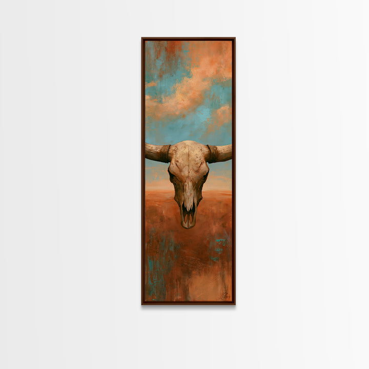 Sun Bleached Longhorn Skull Still Life Framed Canvas Print, Southwestern Art, Wall Art, Southwestern Decor, Oil Painting, Mesa, SOU-1x3-69