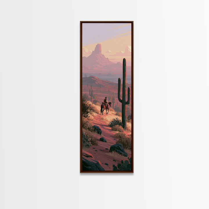 Horse Rider Crossing Desert at Dusk Framed Canvas Print, Southwestern Art, Western Art, Southwestern Decor, Oil Painting, Mesa, SOU-1x3-79