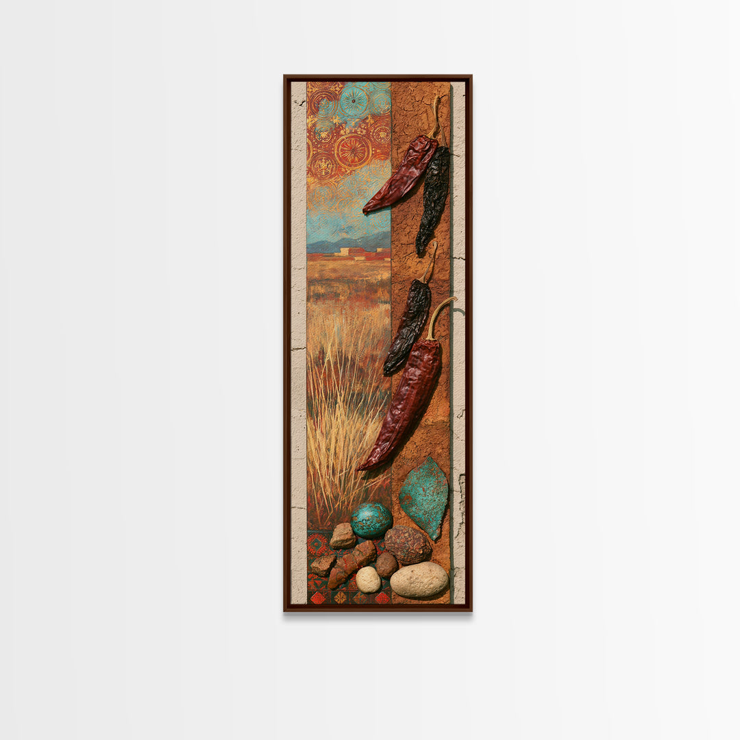 Dried Chili Peppers and Adobe Texture Framed Canvas Print, Southwestern Art, Tapestry Wall Art, Southwestern Decor, Mesa, SOU-1x3-84