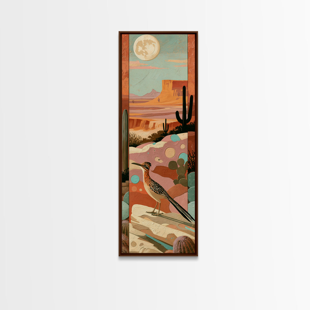 Roadrunner under a Pale Desert Moon Framed Canvas Print, Southwestern Art, Mexican Folk Art, Southwestern Decor, Watercolor Art, SOU-1x3-92