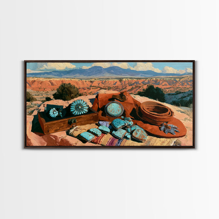 Turquoise Jewelry and Leather Still Life Canvas Print, Southwestern Art, Prints Wall Art, Southwestern Decor, Fine Art, Mesa, SOU-2x1-31