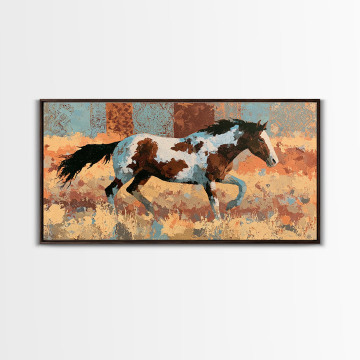 Wild Mustang Running Through Dusty Canyon Framed Canvas Print, Southwestern Art, Southwestern Decor, Oil Painting, Mesa, SOU-2x1-50