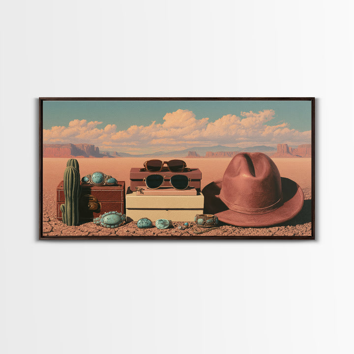 Turquoise Jewelry and Leather Still Life Framed Canvas Print, Southwestern Art, Printable Wall Art, Southwestern Decor, Mesa, SOU-2x1-7