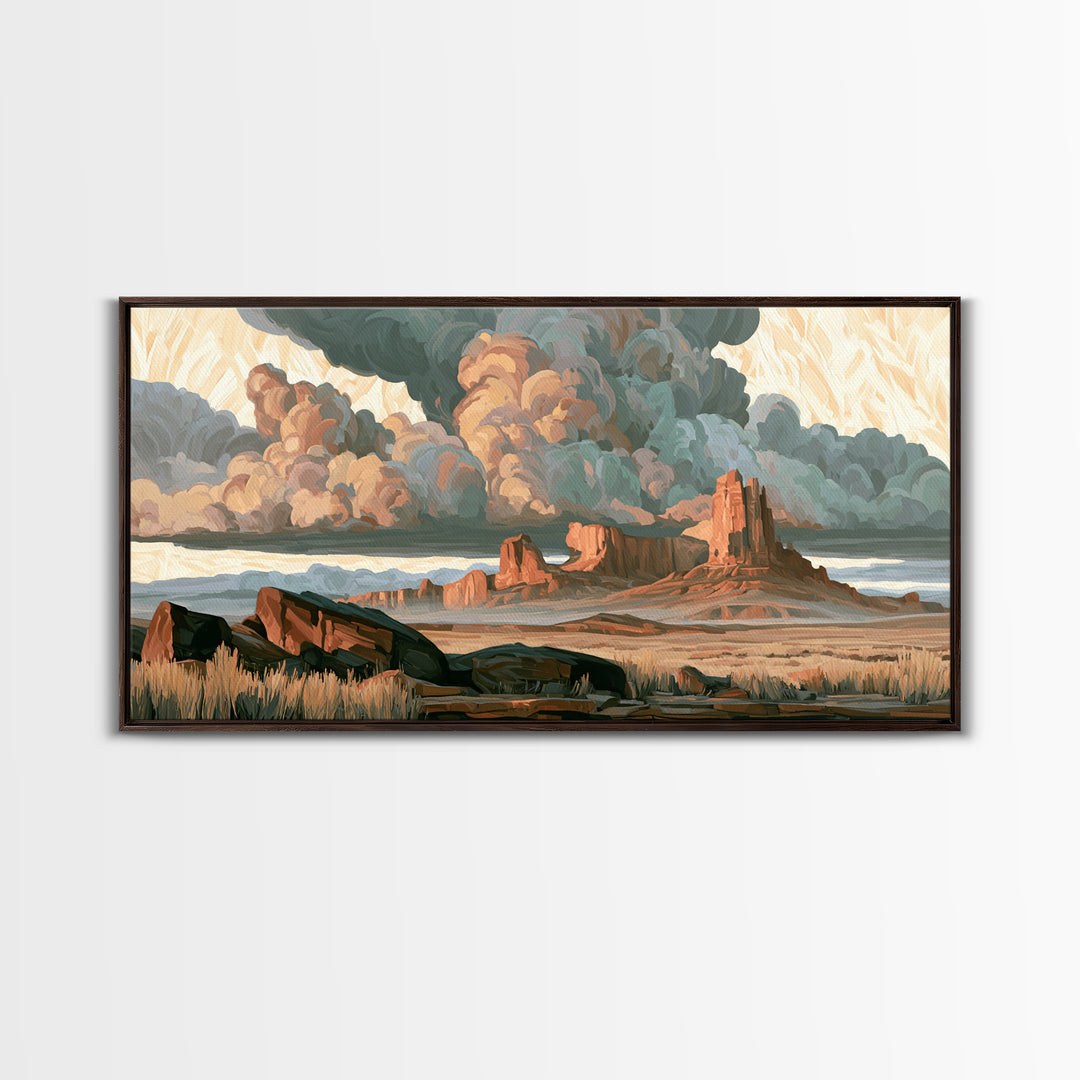 Desert Storm Clouds Framed Canvas Print, Southwestern Art, Tapestry Wall Art, Southwestern Decor, Oil Painting, Mesa, SOU-2x1-80
