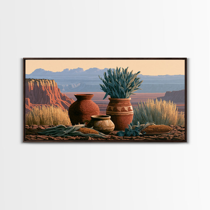 Pueblo Pottery Still Life Framed Canvas Print, Southwestern Art, Prints Wall Art, Southwestern Decor, Fine Art, Mesa, SOU-2x1-91