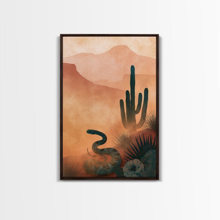 Snake and Desert Flower Composition Framed Canvas Print, Southwestern Art, Minimalist Decor, Southwestern Decor, Oil Painting, SOU-2x3-30