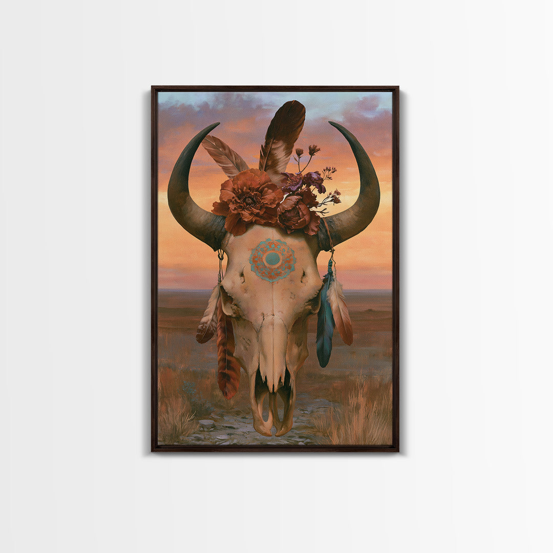 Cow Skull with Desert Flowers and Feathers Canvas Print, Southwestern Art, Southwestern Decor, Watercolor Art, Mesa, SOU-2x3-35