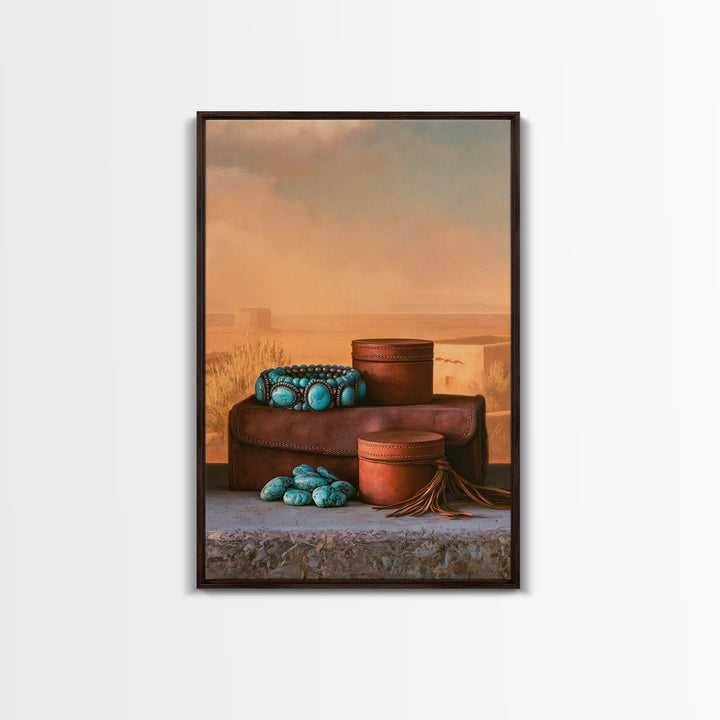 Turquoise Jewelry and Leather Still Life Framed Canvas Print, Southwestern Art, Prints Wall Art, Southwestern Decor, Mesa, SOU-2x3-43