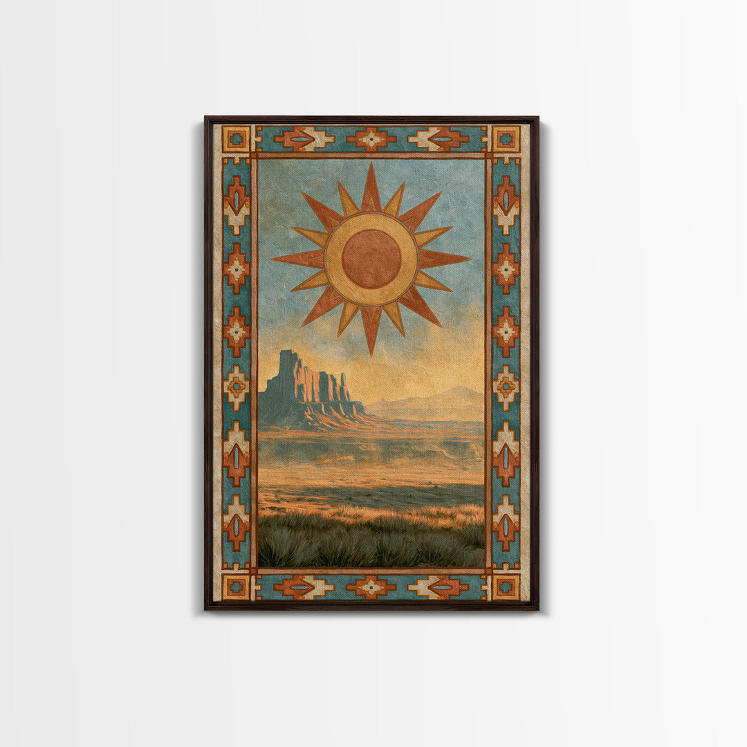 Sun Symbol with Geometric Southwest Border Canvas Print, Southwestern Art, Southwestern Decor, Abstract Art, Mesa, SOU-2x3-5