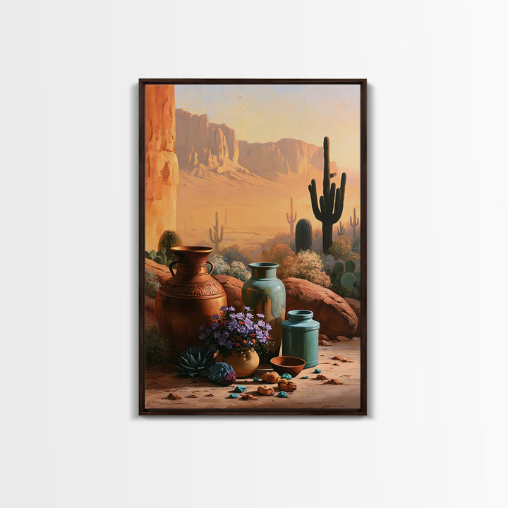 Painted Pottery and Desert Wildflowers Canvas Print, Southwestern Art, Western Wall Art, Southwestern Decor, Watercolor Art, SOU-2x3-96