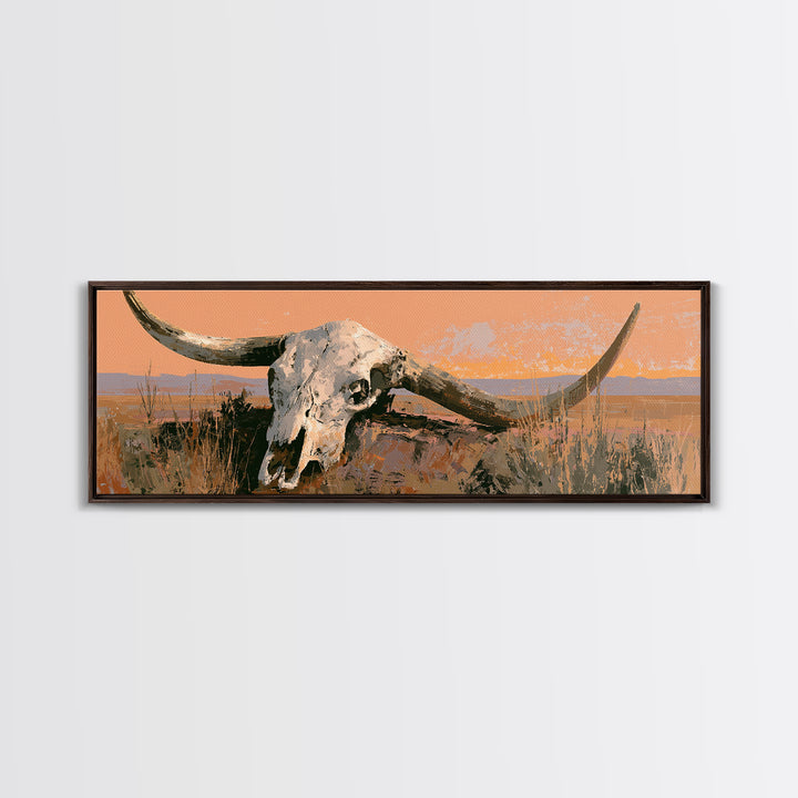 Sun Bleached Longhorn Skull Still Life Framed Canvas Print, Southwestern Art, Landscape Painting, Southwestern Decor, Mesa, SOU-3x1-1