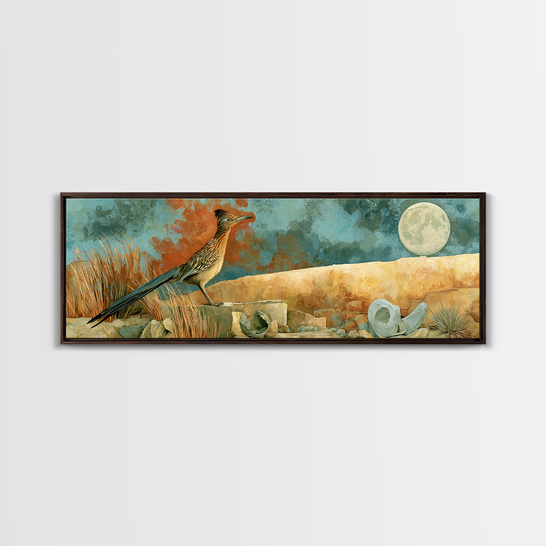 Roadrunner under a Pale Desert Moon Canvas Print, Southwestern Art, Antique Oil Painting, Southwestern Decor, Fine Art, Mesa, SOU-3x1-24