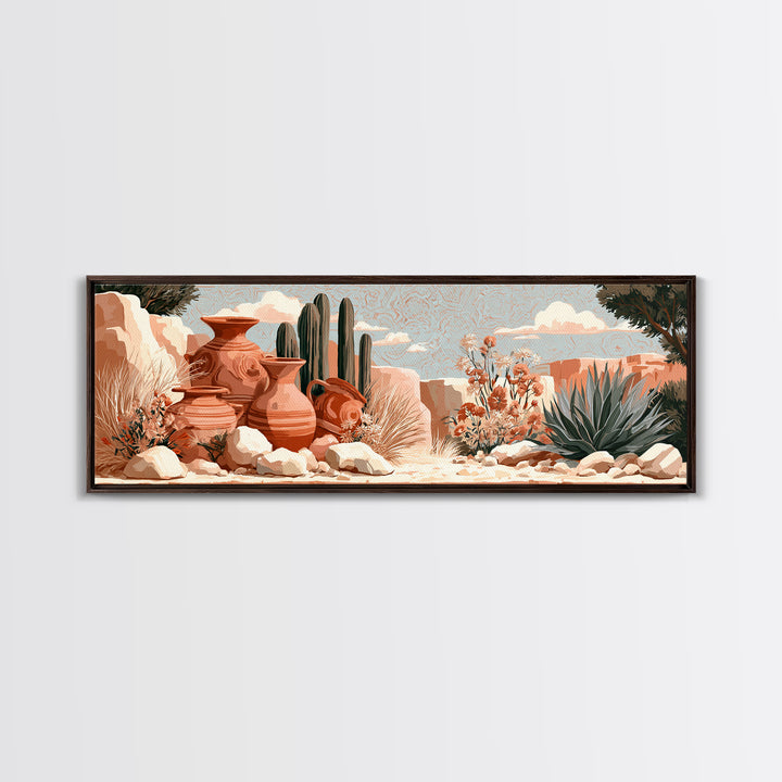 Painted Pottery and Desert Wildflowers Framed Canvas Print, Southwestern Art, Rustic Home Decor, Southwestern Decor, Mesa, SOU-3x1-32