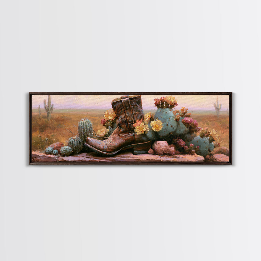 Western Boot with Cactus Blossoms Canvas Print, Southwestern Art, Landscape Art, Southwestern Decor, Mesa, Statement Artwork, SOU-3x1-33