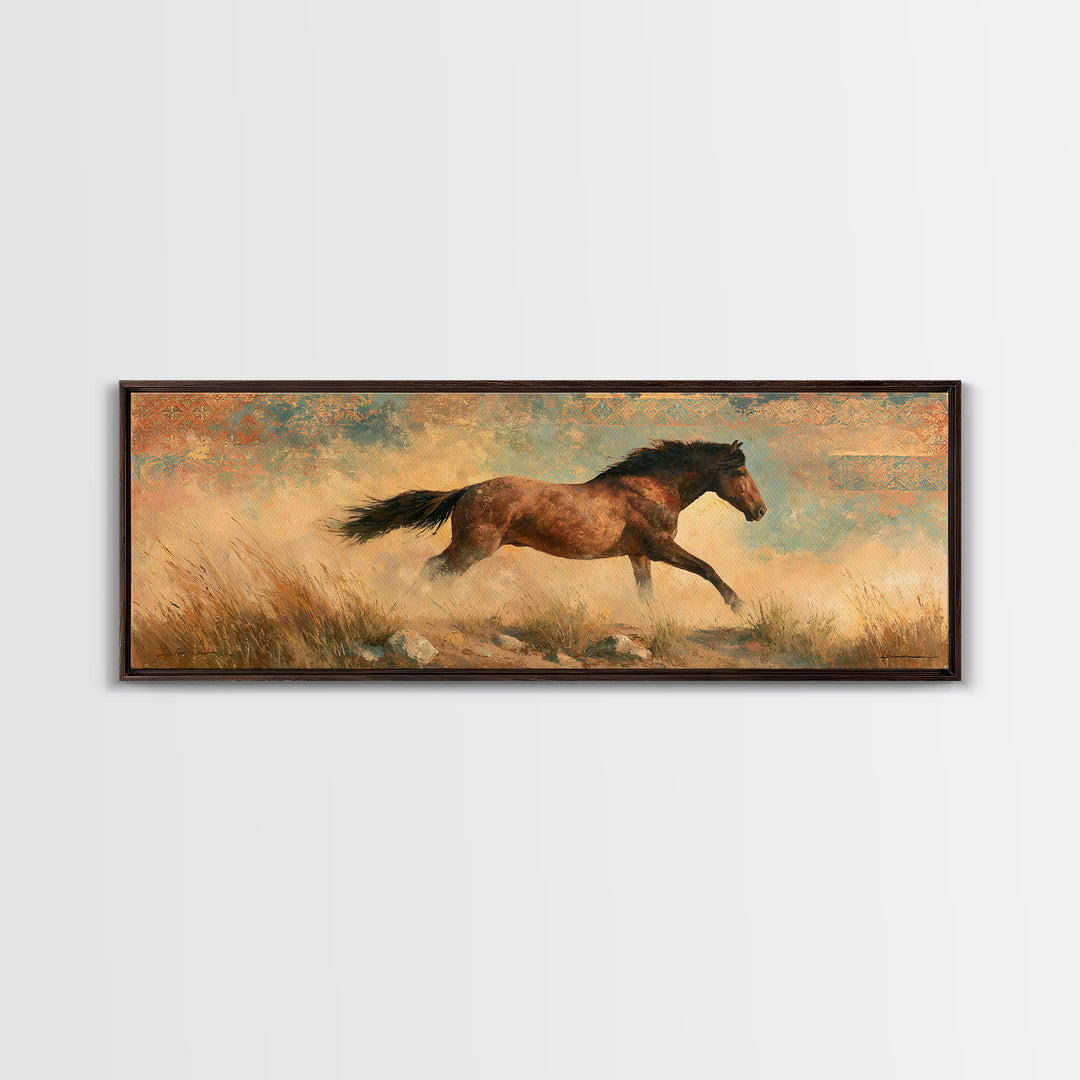 Wild Mustang Running Through Dusty Canyon Canvas Print, Southwestern Art, Landscape Painting, Southwestern Decor, SOU-3x1-46