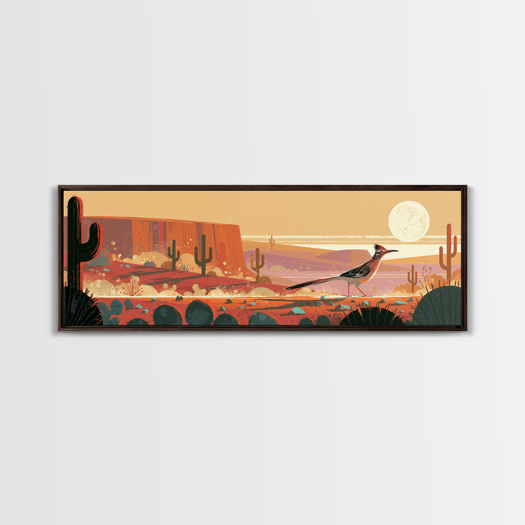Roadrunner under a Pale Desert Moon Canvas Print, Southwestern Art, Textured Painting, Southwestern Decor, Watercolor Art, Mesa, SOU-3x1-48