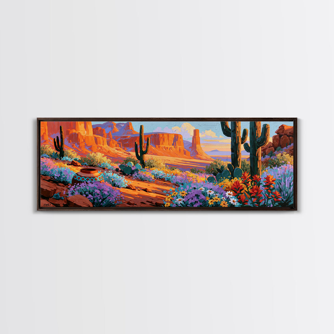Painted Pottery and Desert Wildflowers Framed Canvas Print, Southwestern Art, Minimalist Decor, Southwestern Decor, SOU-3x1-56