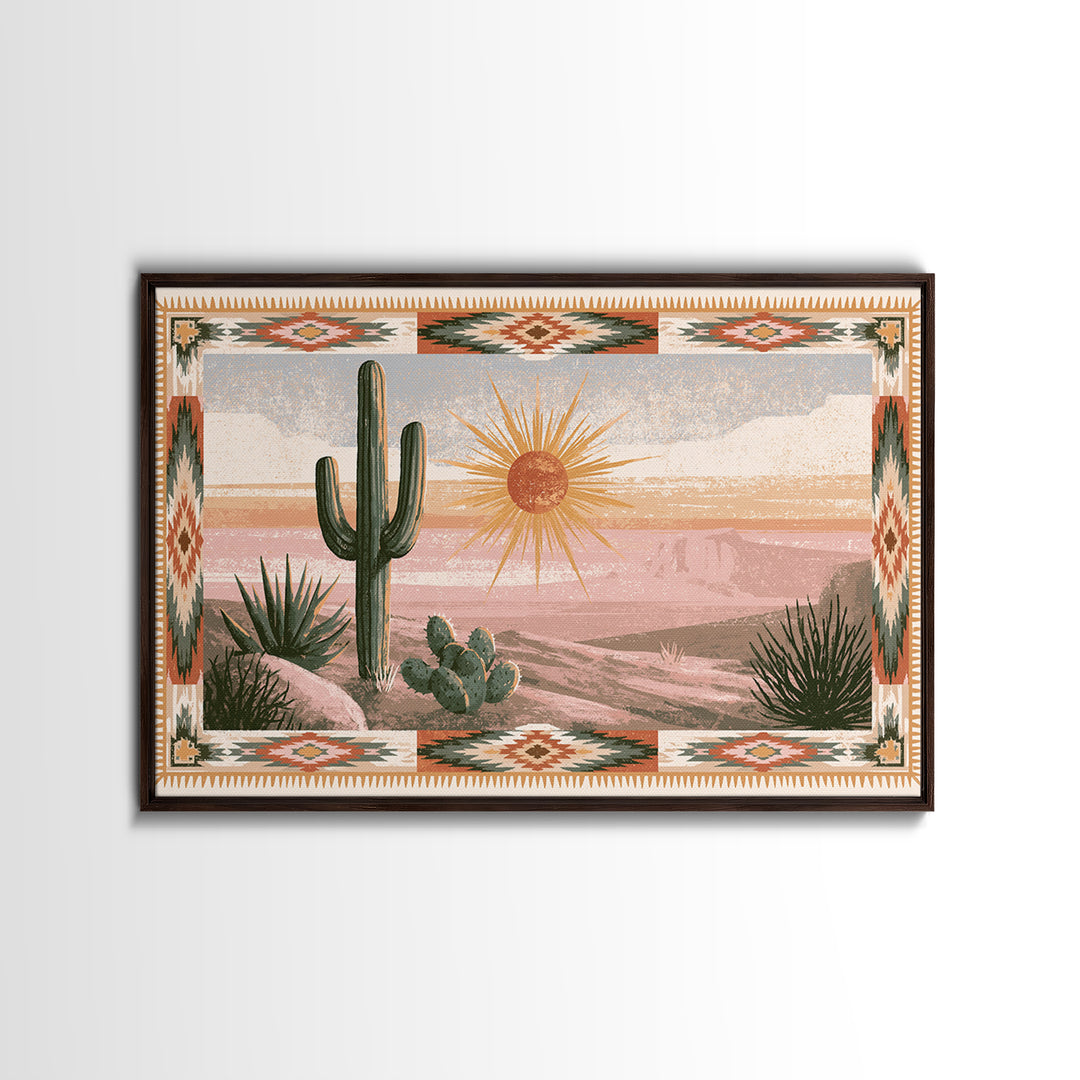 Sun Symbol with Geometric Southwest Border Canvas Print, Southwestern Art, Landscape Painting, Southwestern Decor, Abstract Art, SOU-3x2-1
