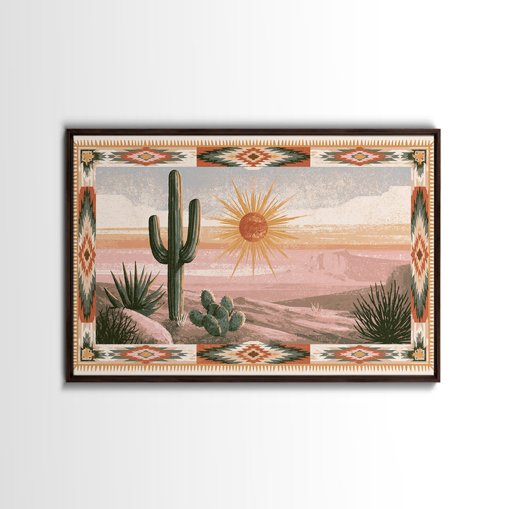 Sun Symbol with Geometric Southwest Border Canvas Print, Southwestern Art, Landscape Painting, Southwestern Decor, Abstract Art, SOU-3x2-1