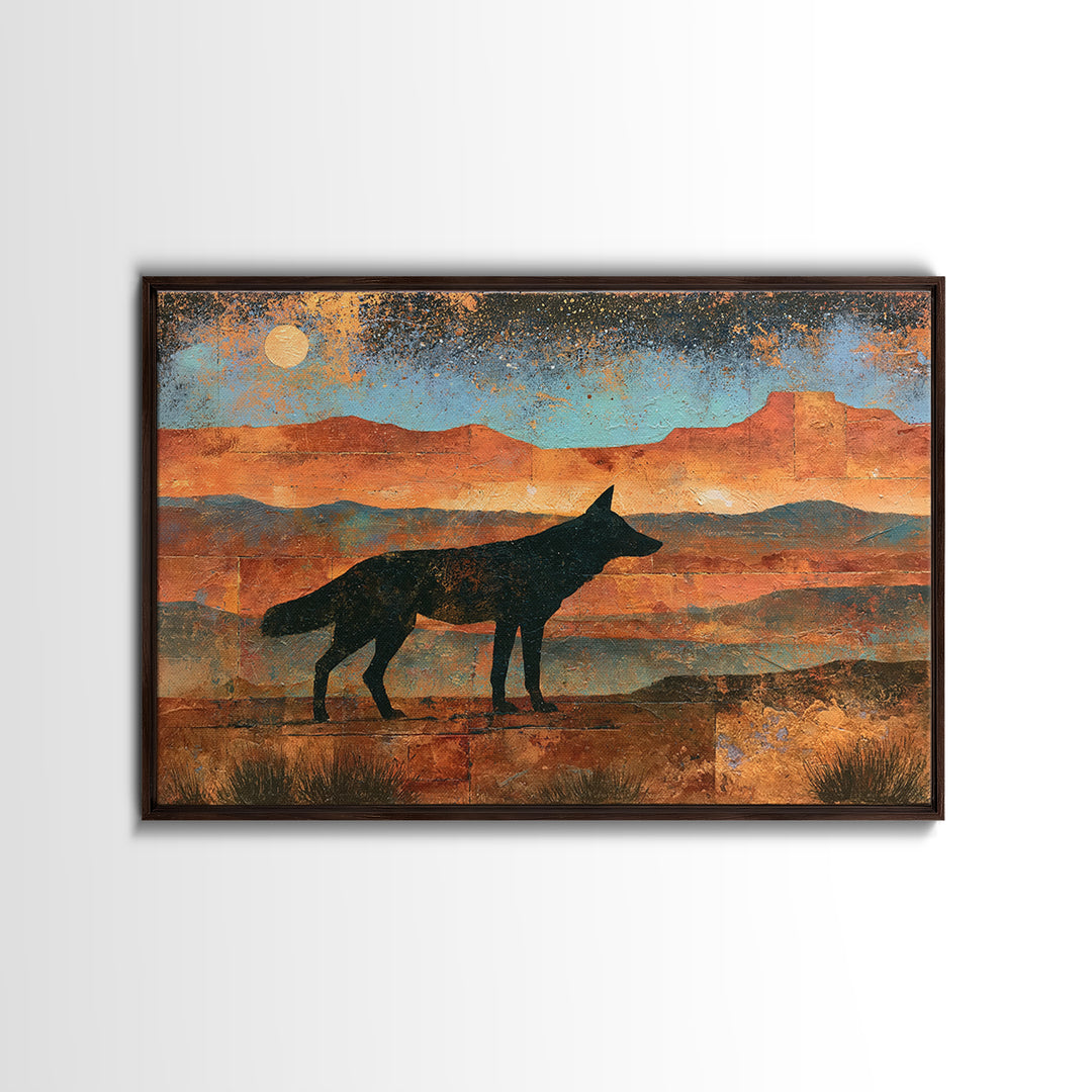 Coyote Silhouette Beneath Starry Sky Framed Canvas Print, Southwestern Art, Statement Artwork, Southwestern Decor, Mesa, SOU-3x2-19