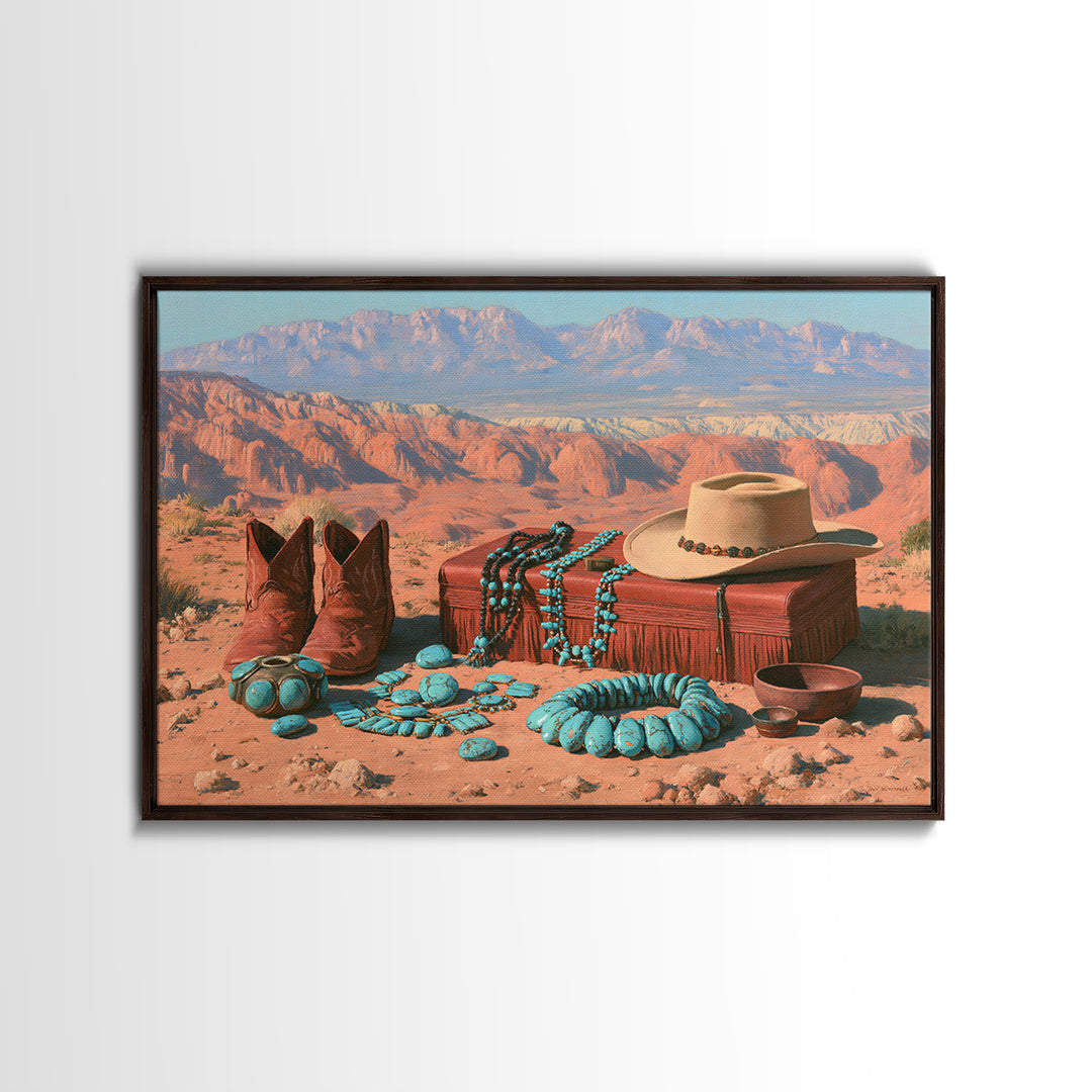 Turquoise Jewelry and Leather Still Life Framed Canvas Print, Southwestern Art, Landscape Art, Southwestern Decor, Mesa, SOU-3x2-63