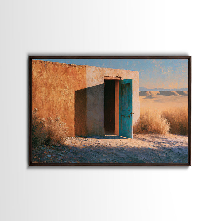 Adobe Doorway with Turquoise Blue Shadow Framed Canvas Print, Southwestern Art, Fine Art Print, Southwestern Decor, Mesa, SOU-3x2-81