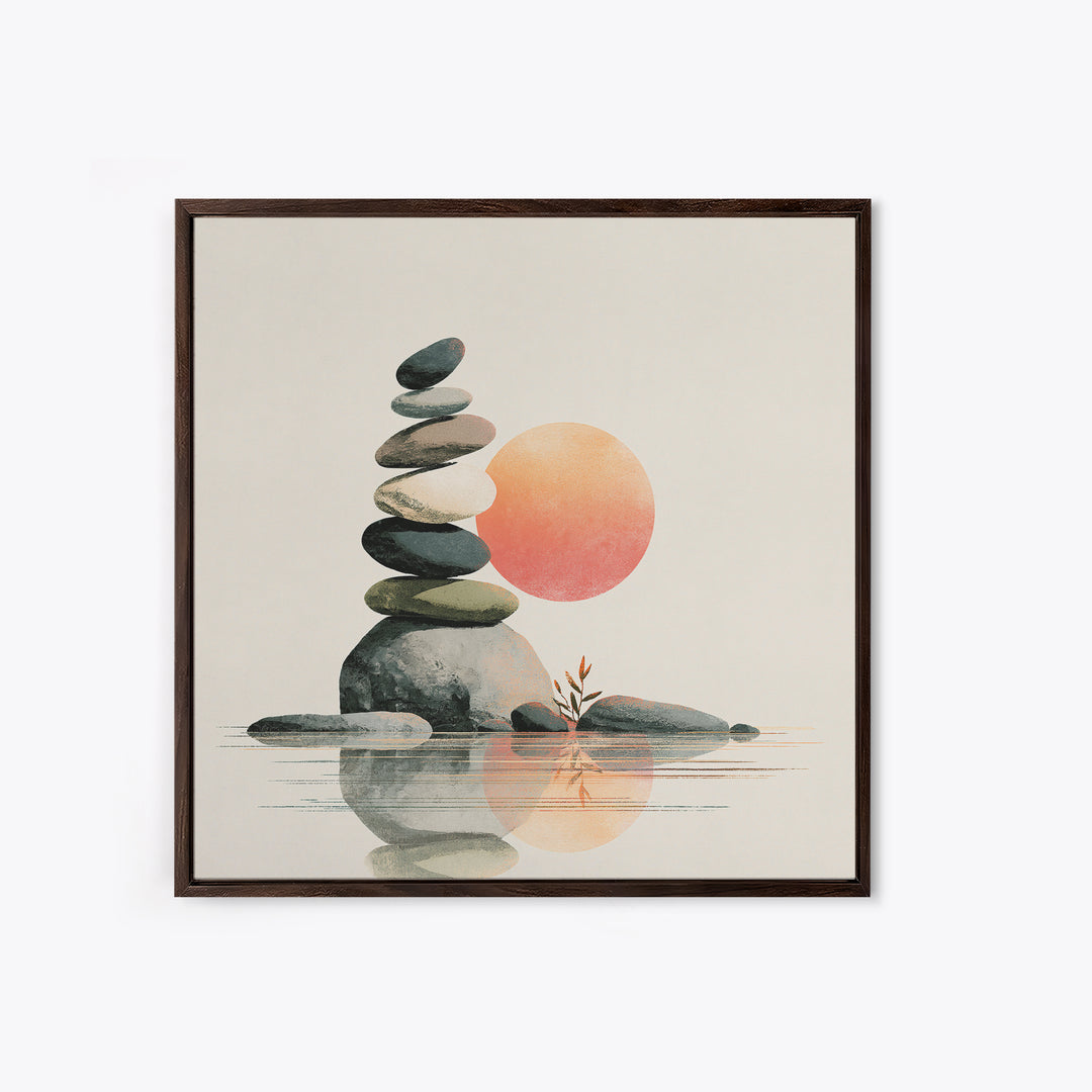 Stacked Stones Beside Calm Water Framed Canvas Print, Spa Art, Modern Decor, Spa Decor, Fine Art, Serenity, Wall Decor, SPA-1x1-1