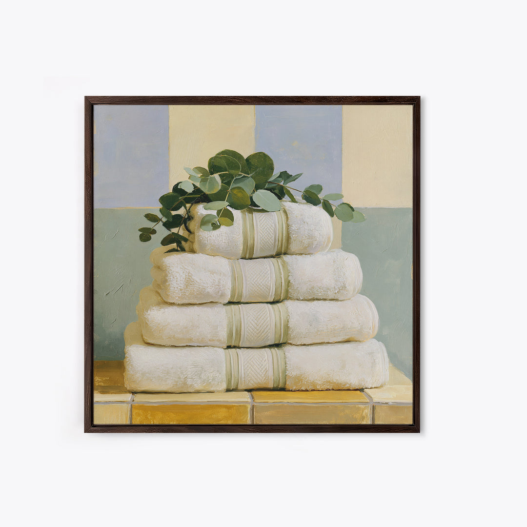 White Towels and Eucalyptus Without Room Context Framed Canvas Print, Spa Art, City Art, Spa Decor, Watercolor Art, Serenity, SPA-1x1-24