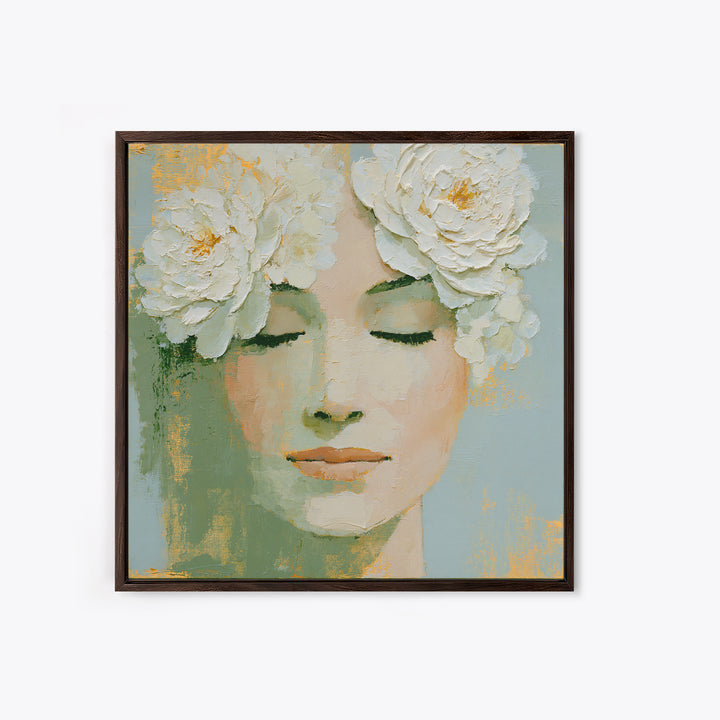 Minimal Face with Closed Eyes and Flowers Framed Canvas Print, Spa Art, Dog Groomer Gifts, Spa Decor, Fine Art, Serenity, SPA-1x1-43