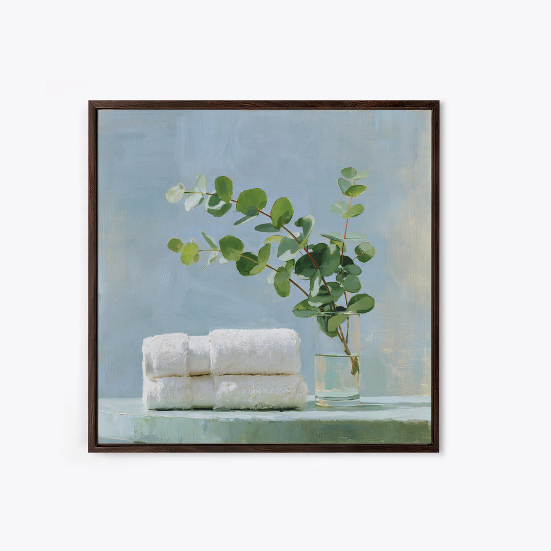 White Towels and Eucalyptus Without Room Context Framed Canvas Print, Spa Art, Wall Decor, Spa Decor, Fine Art, Serenity, SPA-1x1-48