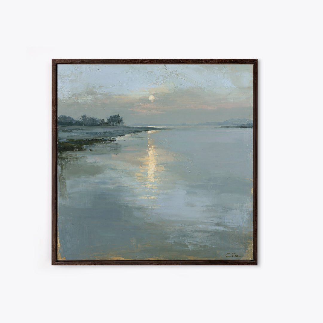 Moonlit Lake Reflection Framed Canvas Print, Spa Art, Tarot Card Art, Spa Decor, Fine Art, Serenity, Textured Painting, SPA-1x1-71